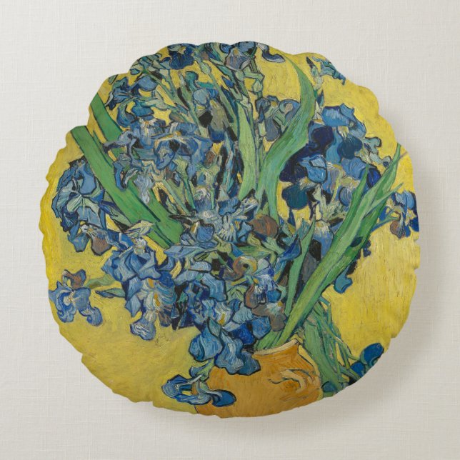 Cojín Redondo Jarrón Van Gogh con Iris Clasicismo Impresionista (Anverso)