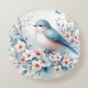 Cojín Redondo Jazmín de Pájaro Azul Acuarela Serenidad