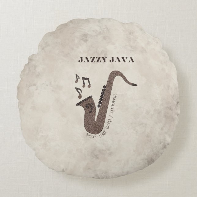 Cojín Redondo Jazzy Java-Grãos de Café-Saxofone- (Anverso)