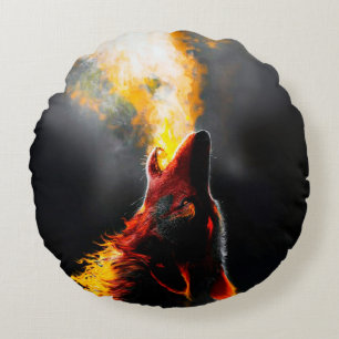 Cojín Redondo Jefe de Lobo de Fuego Agresivo