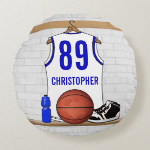 Cojín Redondo Jersey de baloncesto blanco y azul personalizado