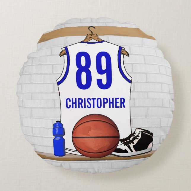Cojín Redondo Jersey de baloncesto blanco y azul personalizado (Anverso)
