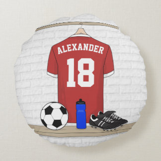Cojín Redondo Jersey de fútbol rojo y blanco personalizado