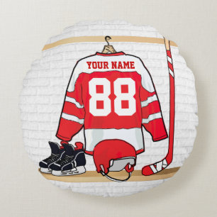 Cojín Redondo Jersey rojo y blanco personalizado del hockey