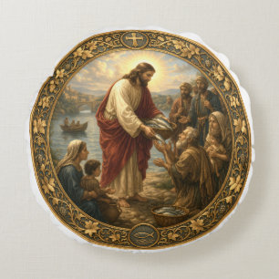 Cojín Redondo Jesucristo dando de comer pescado a los pobres