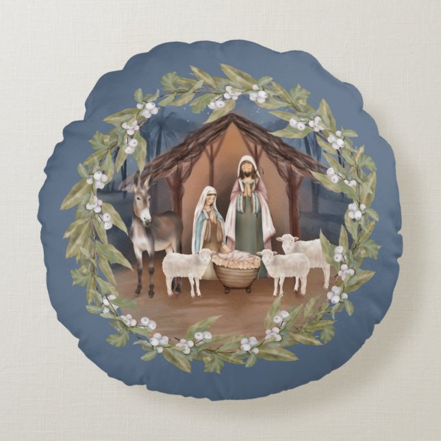 Cojín Redondo Jesús Bebé en la Natividad de los Manglares (Anverso)