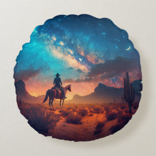 Cojín Redondo Jinete Occidental Desierto Noche Cabalgata Cactus