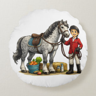 Cojín Redondo Joven Jinete Lindo Con Arte De Caballo Gris Pío