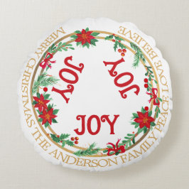 Cojín Redondo Joy Wreath Red Green Gold Vintage Merry Christmas