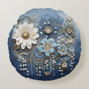 Cojín Redondo Joyas disfrazadas en denim azul