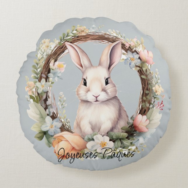 Cojín Redondo Joyeuses Pâques Bunny De Pascua En Una Floral Leña (Anverso)