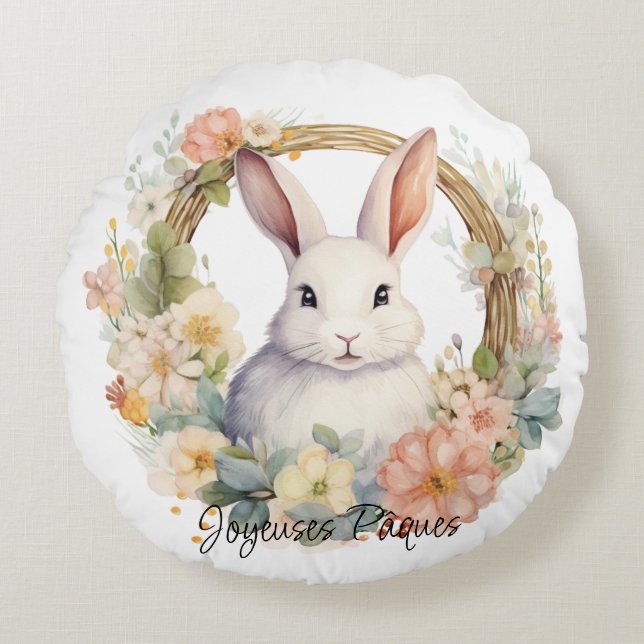 Cojín Redondo Joyeuses Pâques Bunny De Pascua En Una Floral Leña (Anverso)
