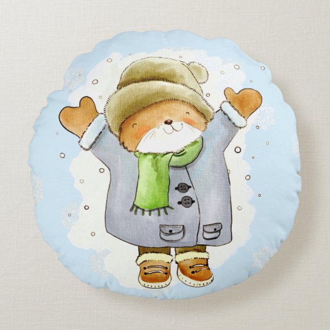 Cojín Redondo Joyous Winter Cat (Anverso)