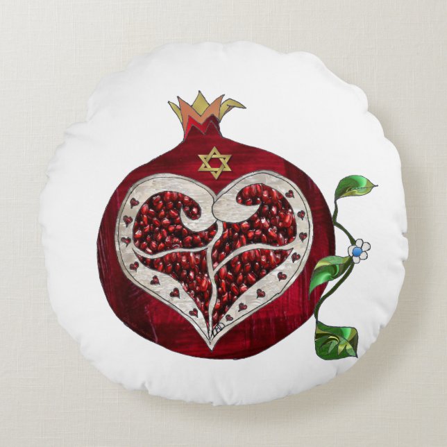 Cojín Redondo Judaica Pomegranate Heart Hanukkah Rosh Hashanah (Anverso)