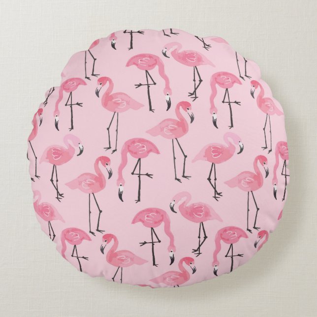 Cojín Redondo Juego De Flamingo Rosado, Patrón De Verano Tropica (Anverso)