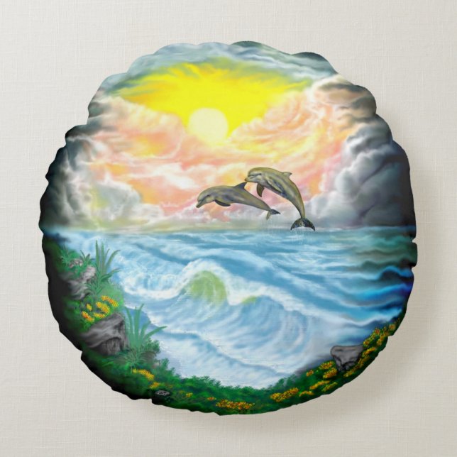 Cojín Redondo Jugando a los delfines al sol (Anverso)