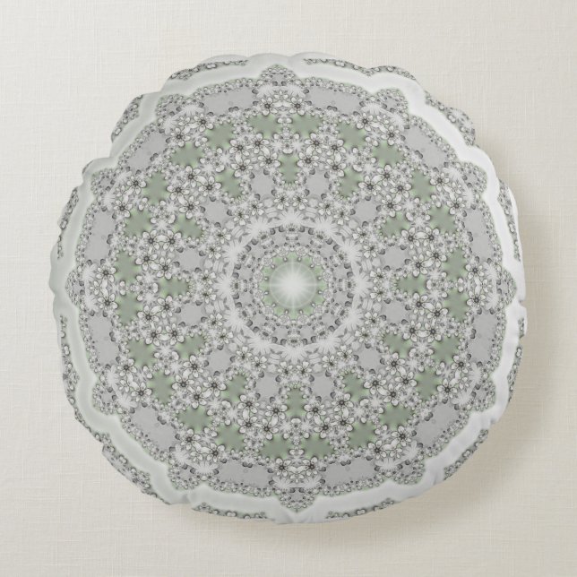 Cojín Redondo Kaleidoscope Fractal Mandala - verde gris (Anverso)