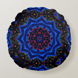 Cojín Redondo Kaleidoscopio con círculo, salmón a gradiente azul