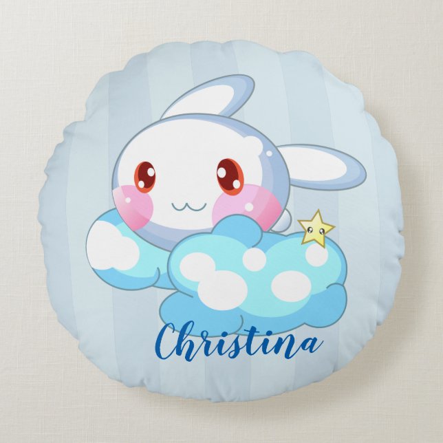 Cojín Redondo Kawaii Bunny, Personalizado de Cloud & Star (Anverso)