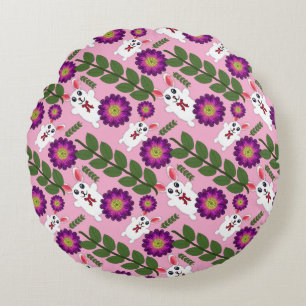 Cojín Redondo Kawaii Conejo de Primavera: Floral Morado Vibrante