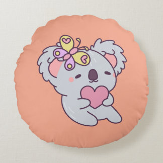 Cojín Redondo Kawaii Koala with Heart and Butterfly