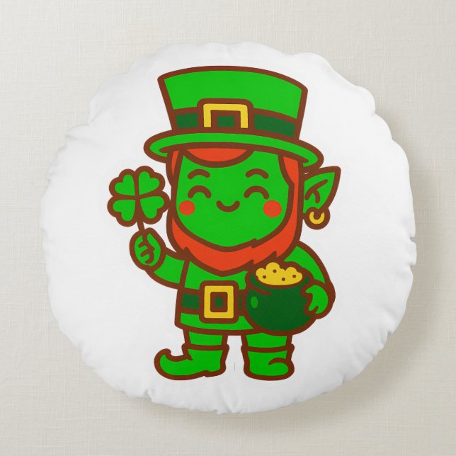 Cojín Redondo Kawaii Lucky Leprechaun (Anverso)