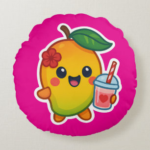 Cojín Redondo Kawaii Mango - Fruta querida con Smoothi del coraz