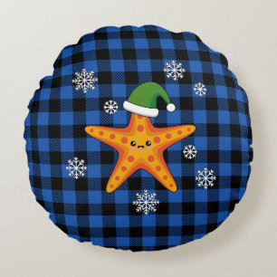 Cojín Redondo Kawaii Navidad Starfish en patrón de búfalo azul