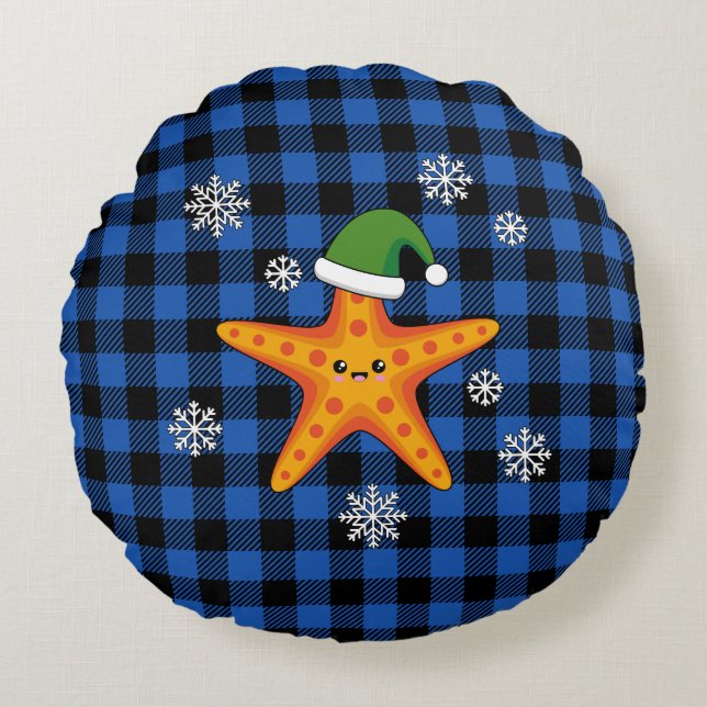 Cojín Redondo Kawaii Navidad Starfish en patrón de búfalo azul (Anverso)