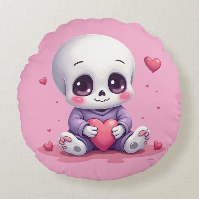 Cojín Redondo Kawaii Skeleton Holding Heart (Anverso)
