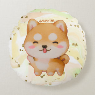 Cojín Redondo Kawaii Sonriente Shiba Inu al estilo Personalizado