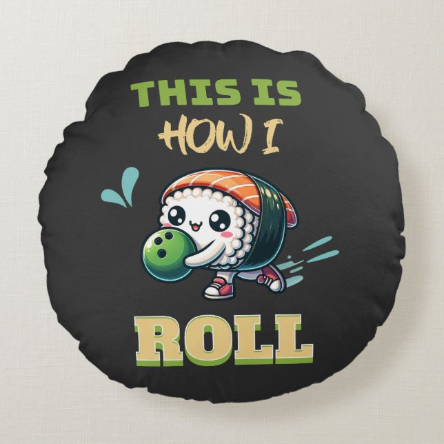 Cojín Redondo Kawaii Sushi jugando al Bowling (Anverso)