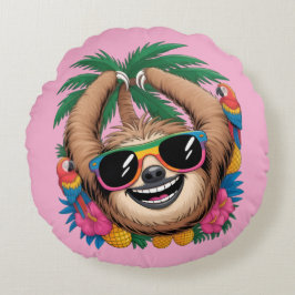 Cojín Redondo Kawaii Tropical Sloth – Cute Summer Vibes Rainbow 
