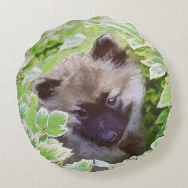 Cojín Redondo Keeshond Puppy en el jardín pintando arte original (Reverso)