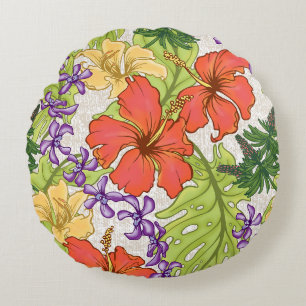 Cojín Redondo Keleah Hibiscus y Orquídeas tropicales de Hawái