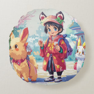 Cojín Redondo  Kids and Puppies Celebrating Friendship and Succe