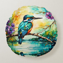 Cojín Redondo Kingfisher encaramado sobre el agua Flores silvest