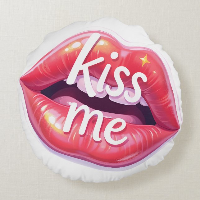 Cojín Redondo Kiss Me Glossy Red Lips Art Illustration (Reverso)