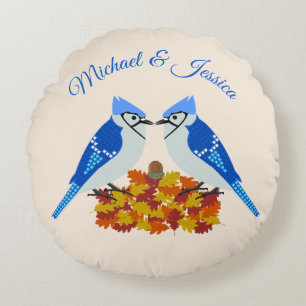 Cojín Redondo Kissing Blue Jays Fall Wedding Custom Names