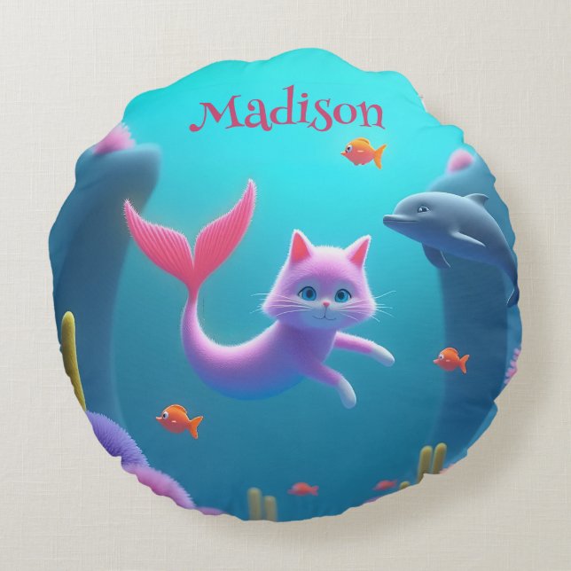 Cojín Redondo Kitten de sirena rosada (Reverso)