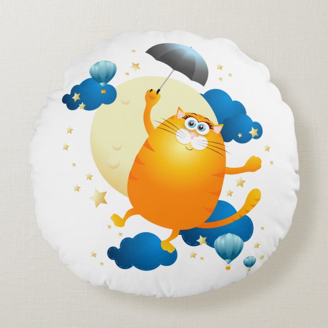 Cojín Redondo Kitten lindo volando con paraguas (Anverso)