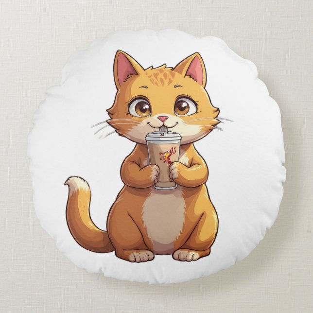 Cojín Redondo Kitten Sipping Coffee (Anverso)