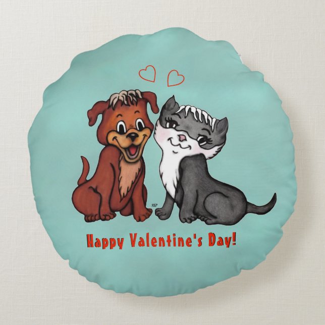 Cojín Redondo Kitty y Puppy, ¡Feliz Día de San Valentín! (Reverso)