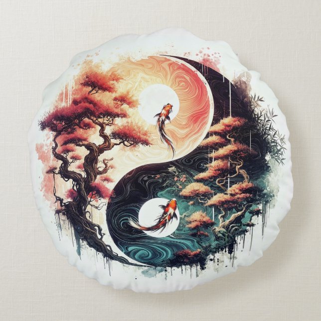 Cojín Redondo Koi Fish and Temple Yin Yang (Reverso)