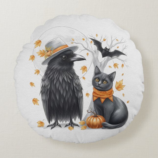 Cojín Redondo Krähe und Katze Halloween Herbst Crow  (Anverso)