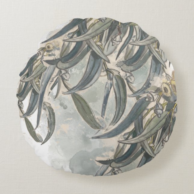 Cojín Redondo La acuarela Eucalyptus deja la vegetación (Anverso)