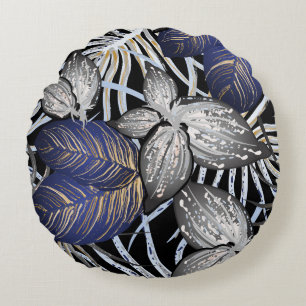 Cojín Redondo La clase tropical es una floral azul, plateada y d
