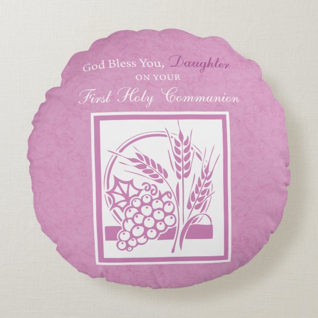 Cojín Redondo La hija es la primera comunión, rosa (Anverso)