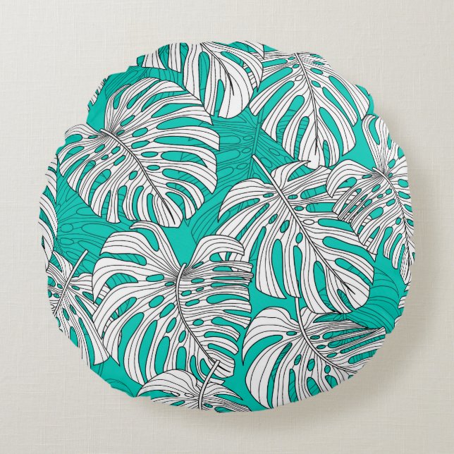 Cojín Redondo La jungla deja sin foco tropical floral (Anverso)