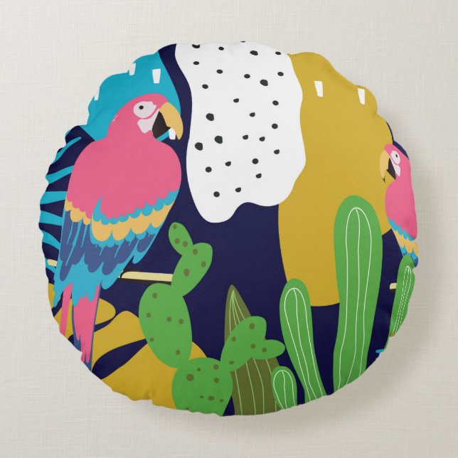 Cojín Redondo La jungla tropical deja fondo con loros. Su (Anverso)
